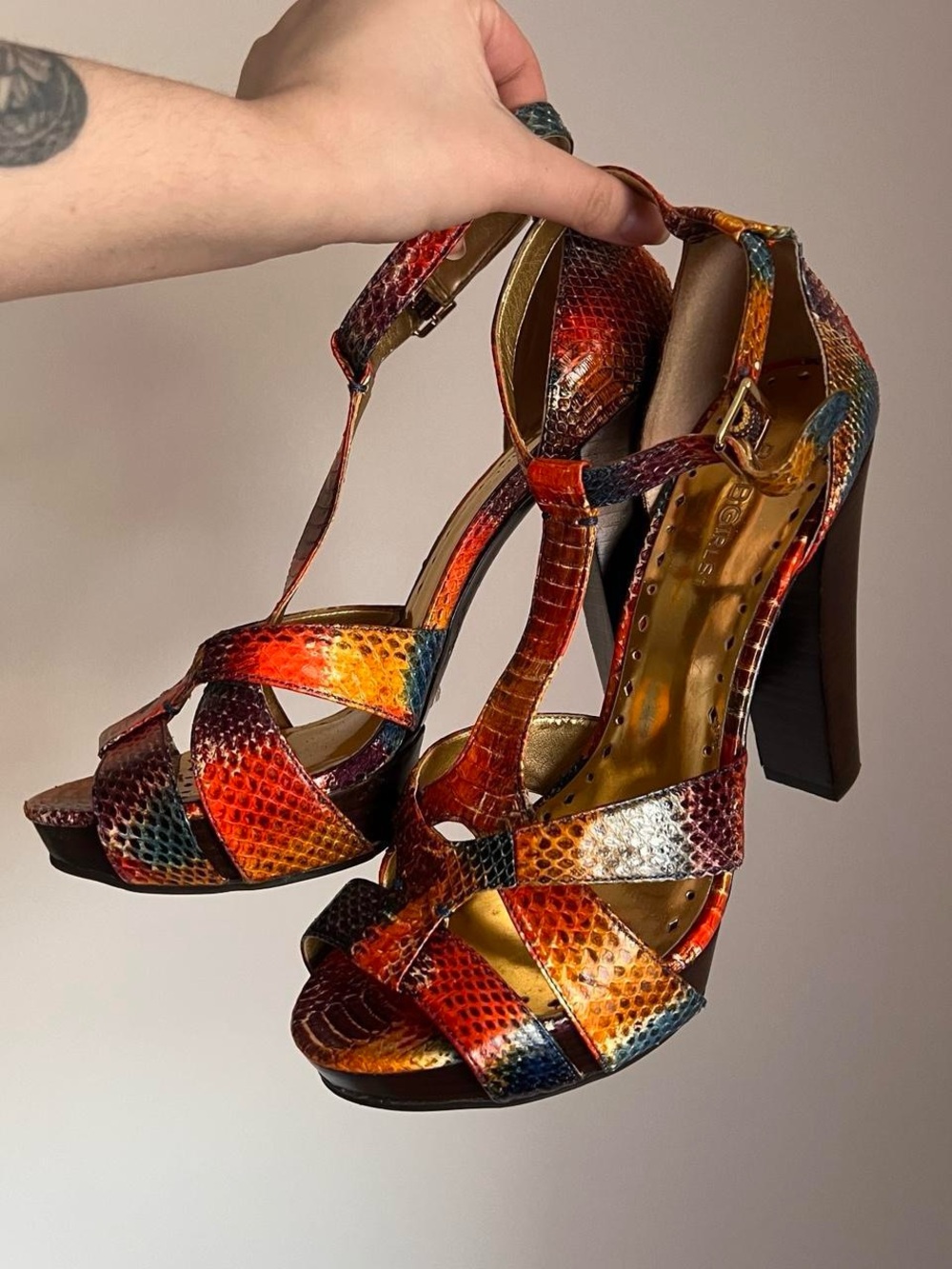 BCBGirls Multicolor Snake-Embossed T-Strap Platform Heels